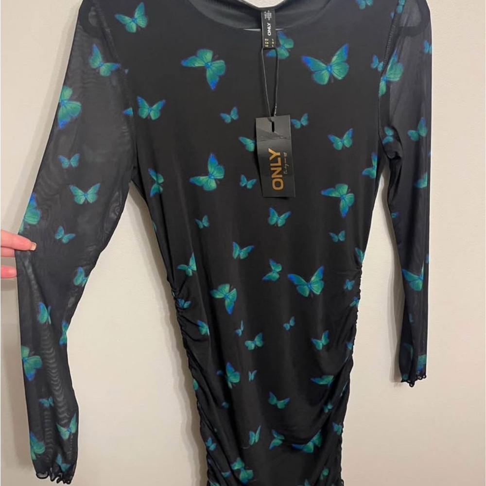 Black Dress with Blue Butterfly Print and Mesh Sleeves